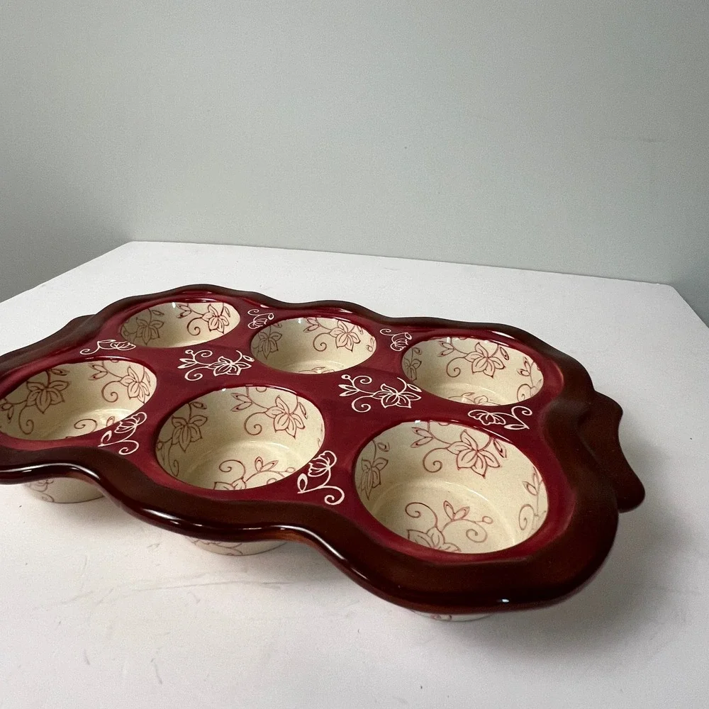 Temp-tations Muffin Pan 6 Cup Cranberry Red Floral Lace Ceramic Stoneware Baker